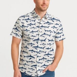 Sonoma Blue Shark Print Short Sleeve ButtonUp Casual Shirt Mens Size XL